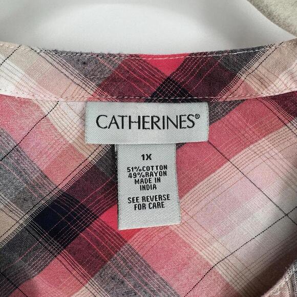 Catherines top 1x red plaid check 3/4 sleeve plus office career business fall - Picture 4 of 4